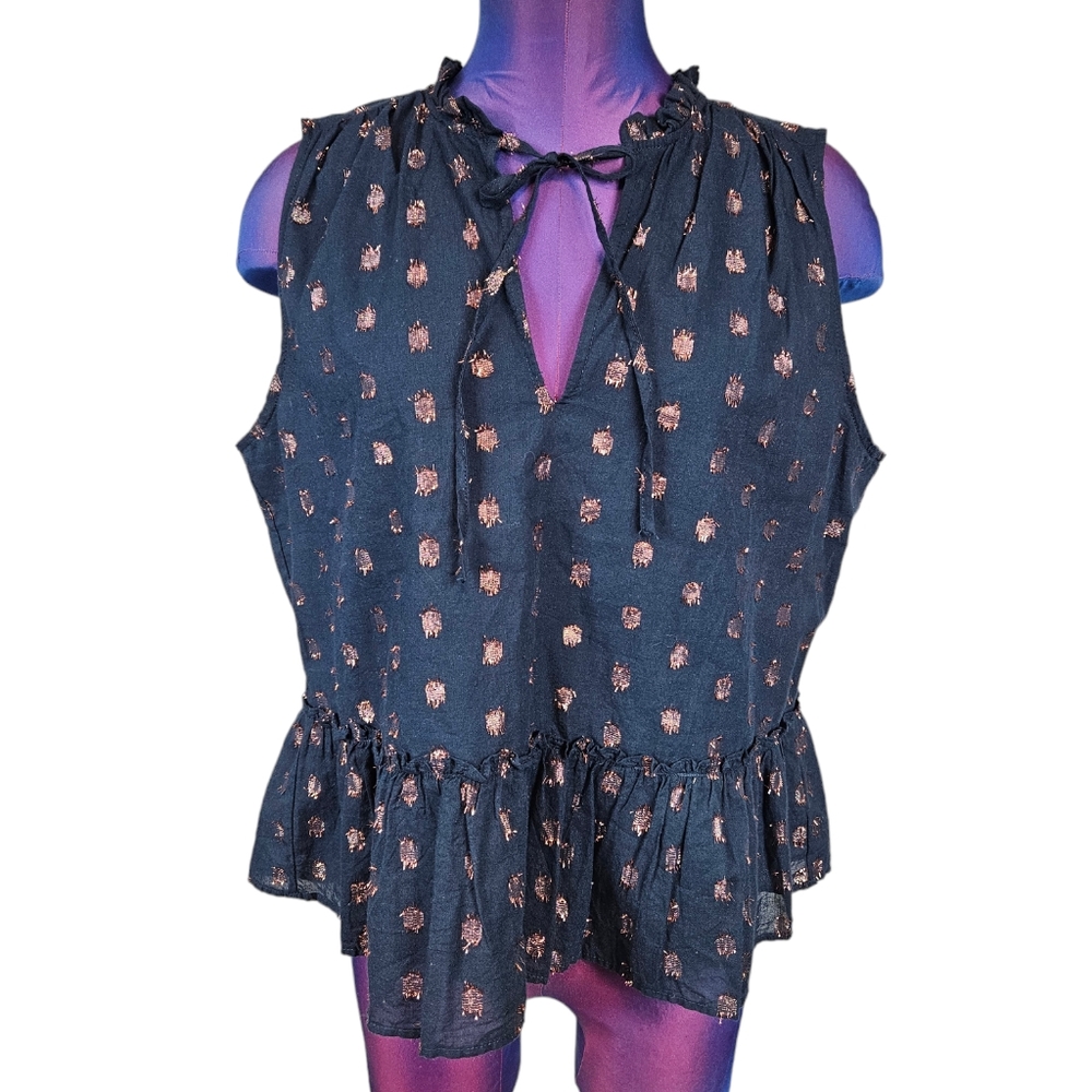 NWT J. Crew Navy Ruffle-Neck Top Metallic Rose Gold Dot Size Medium Women's R19